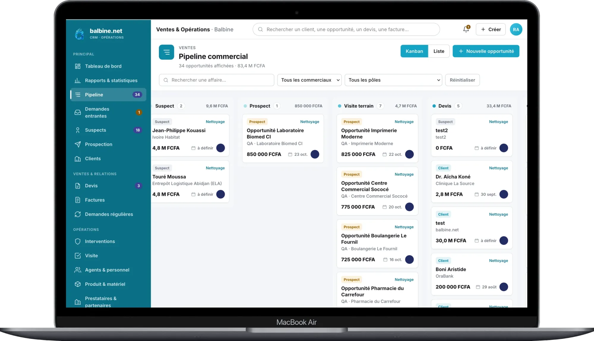 Balbine CRM – Tableau de bord Ventes & Opérations