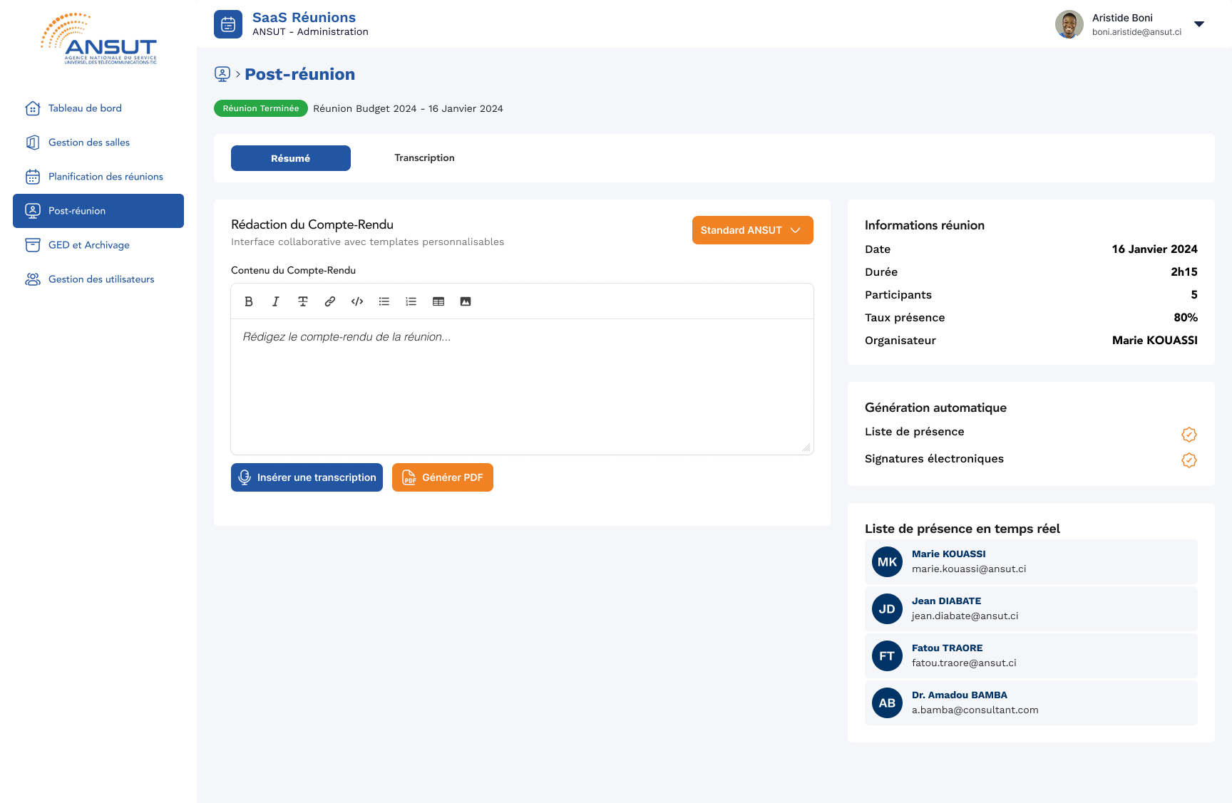 Voir l'image en grand ANSUT Meeting — Plateforme de Gestion de Réunions Institutionnelles