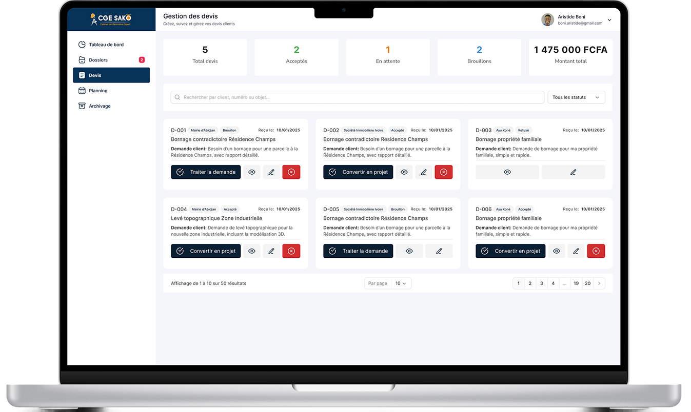 Voir l'image en grand CGE SAKO — Plateforme de Gestion Intégrée pour Cabinet de Géomètre Expert