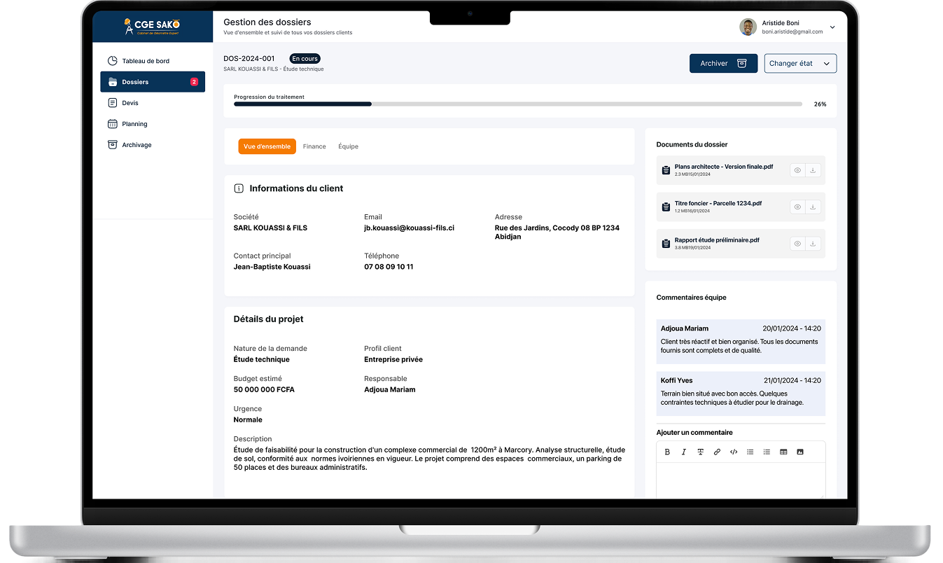 Voir l'image en grand CGE SAKO — Plateforme de Gestion Intégrée pour Cabinet de Géomètre Expert