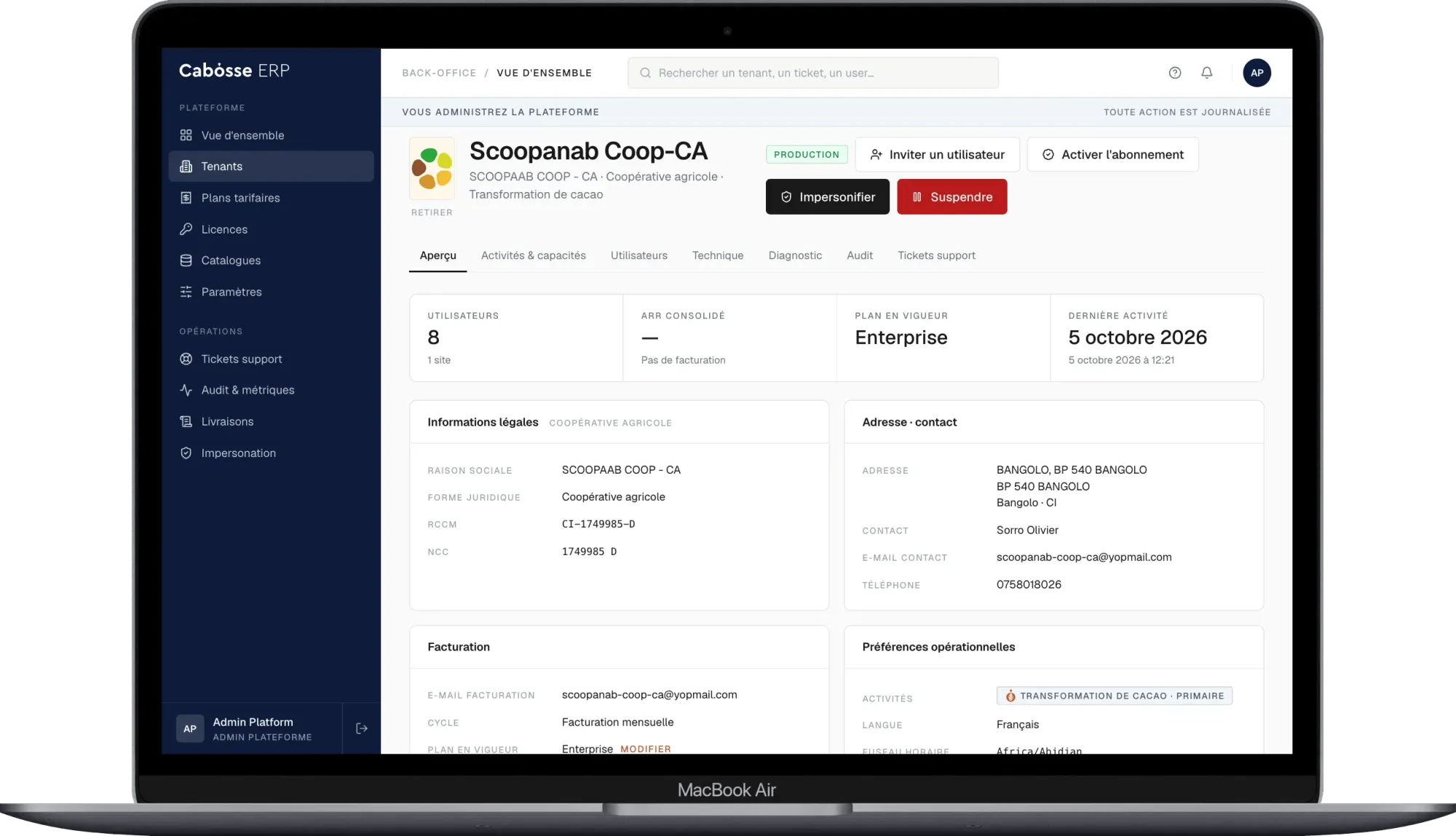 Cabosse ERP — Gestion pour la filière cacao