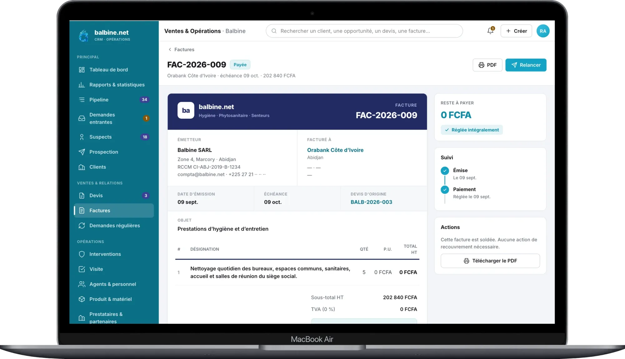 Balbine CRM – Tableau de bord Ventes & Opérations