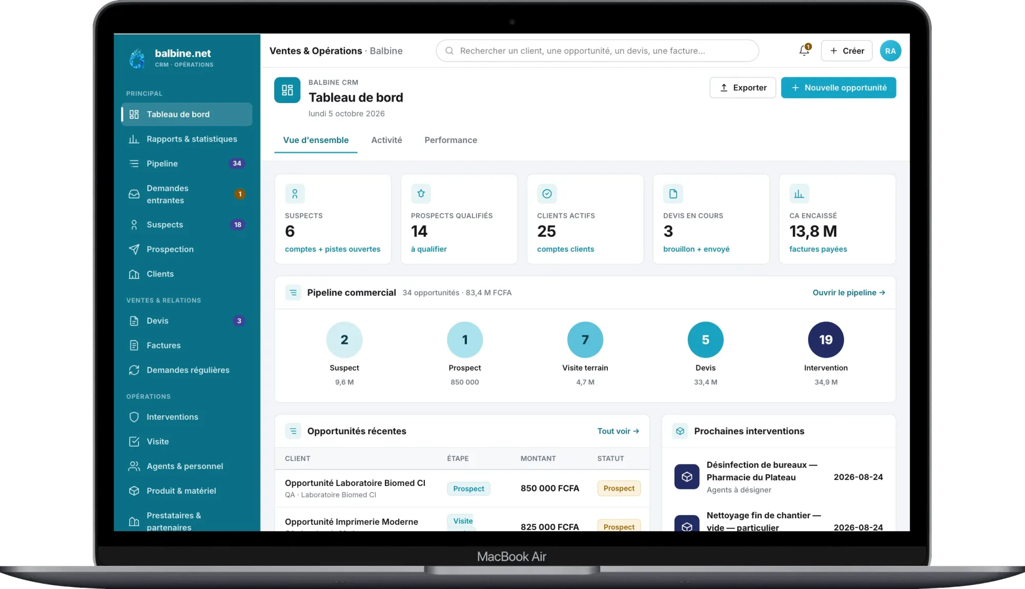 Balbine CRM – Tableau de bord Ventes & Opérations